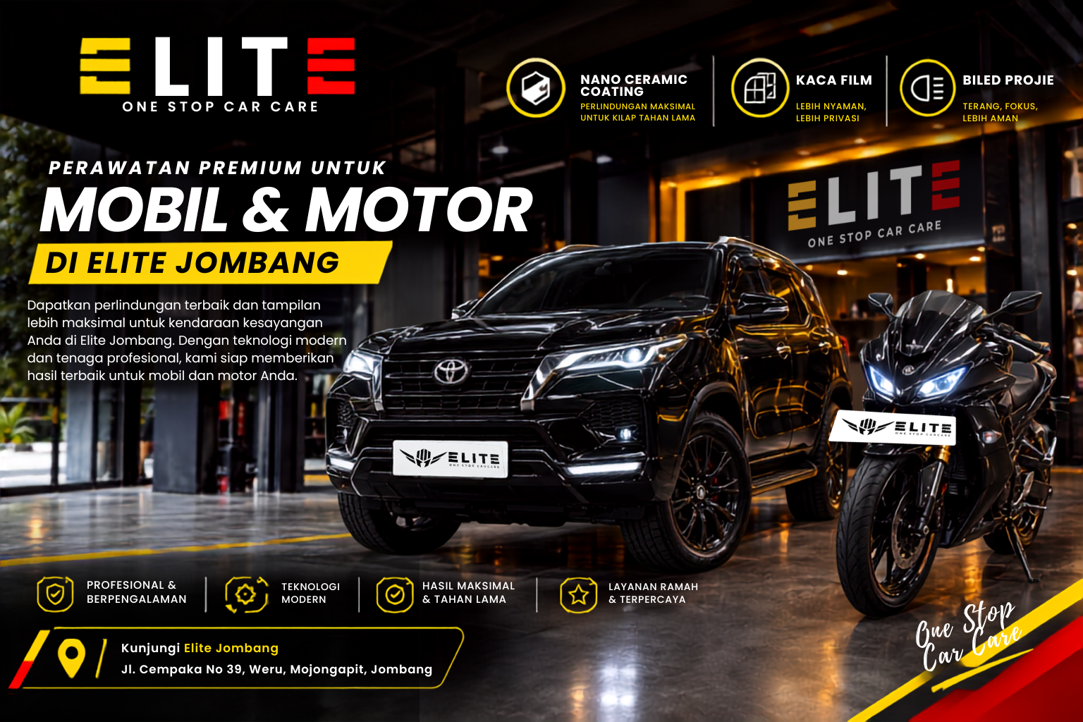 Elite Jombang: Solusi Premium Nano Ceramic Coating, Kaca Film, dan BiLED Projie untuk Mobil & Motor